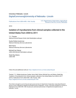 Isolation of Mycobacteria from Clinical Samples Collected in the United States from 2004 to 2011