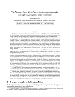 The Western Gates West-Pannonian Transport Networks: Conceptions, Programs and Possibilities