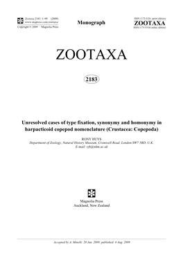 Zootaxa, Unresolved Cases of Type Fixation, Synonymy and Homonymy