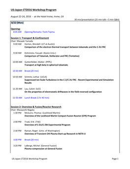 US-Japan CT2016 Workshop Program