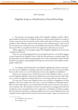 Glagolitic Script As a Manifestation of Sacred Knowledge