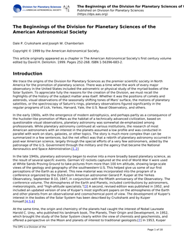 The Beginnings of the Division for Planetary Sciences of the American Astronomical Society Published on Division for Planetary Sciences (