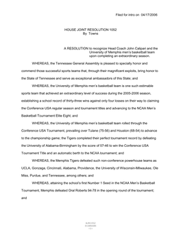 Filed for Intro on 04/17/2006 HOUSE JOINT RESOLUTION 1052 By