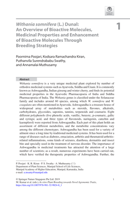 Withania Somnifera (L.) Dunal: an Overview of Bioactive Molecules, 1 Medicinal Properties and Enhancement of Bioactive Molecules Through Breeding Strategies