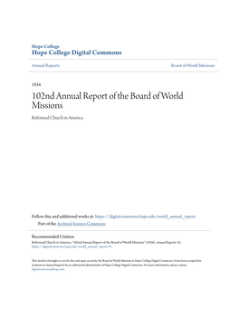 102Nd Annual Report of the Board of World Missions Reformed Church in America
