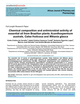 Chemical Composition and Antimicrobial Activity of Essential Oil from Brazilian Plants Acanthospermum Australe, Calea Fruticosa and Mikania Glauca