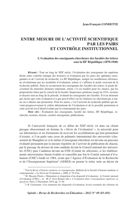 Entre Mesure De L'activité Scientifique Par Les Pairs Et