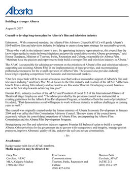 Building a Stronger Alberta August 8, 2007 Council to Develop Long-Term