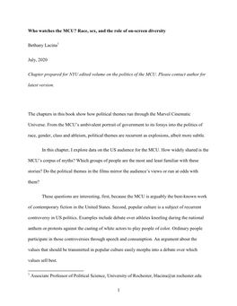 1 Who Watches the MCU? Race, Sex, and the Role of On-Screen Diversity Bethany Lacina July, 2020 Chapter Prepared for NYU Edited