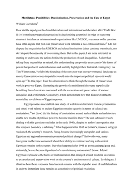 Multilateral Possibilities: Decolonization, Preservation and the Case of Egypt William Carruthers How Did the Rapid Growth Of