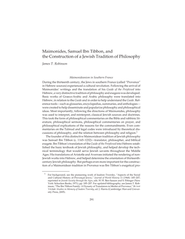 Maimonides, Samuel Ibn Tibbon, and the Construction of a Jewish Tradition of Philosophy