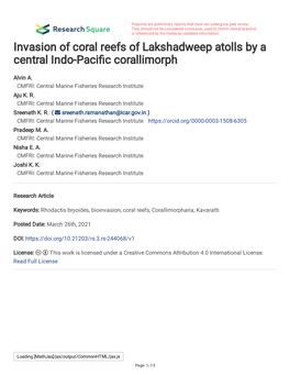 Invasion of Coral Reefs of Lakshadweep Atolls by a Central Indo-Pacifc Corallimorph