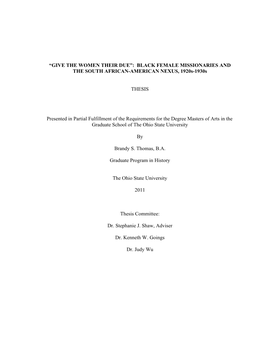 “GIVE the WOMEN THEIR DUE”: BLACK FEMALE MISSIONARIES and the SOUTH AFRICAN-AMERICAN NEXUS, 1920S-1930S