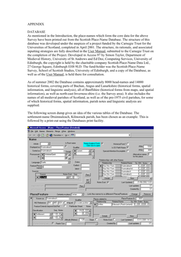 APPENDIX DATABASE As Mentioned in the Introduction, the Place-Names