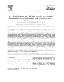 A Review of Concepts and Criteria for Assessing Agroecosystem Health Including a Preliminary Case Study of Southern Ontario Wei Xu∗, Julius A