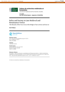 Relics and Society in Late Medieval and Renaissance Venice the Miracles of the True Cross at the Bridges of San Lorenzo and San Lio