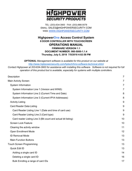 Highpowerone Access Control System OPERATIONS MANUAL