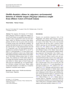 Migratory Environmental Histories of Atlantic Tarpon (Megalops Atlanticus)Caught from Offshore Waters of French Guiana