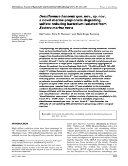 Desulfomusa Hansenii Gen. Nov., Sp. Nov., a Novel Marine Propionate-Degrading, Sulfate-Reducing Bacterium Isolated from Zostera Marina Roots