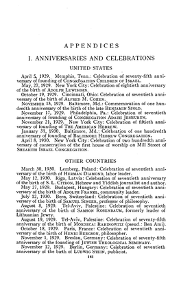 Appendices I. Anniversaries and Celebrations