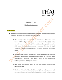 September 17, 2020 Thai Enquirer Summary Political News • a Big