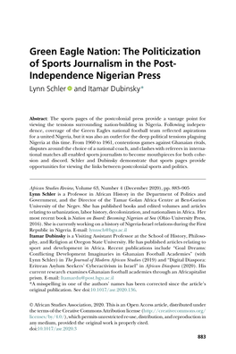 Green Eagle Nation: the Politicization of Sports Journalism in the Post- Independence Nigerian Press Lynn Schler and Itamar Dubinsky*