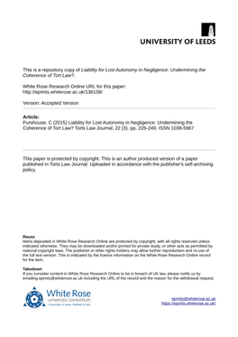 Liability for Lost Autonomy in Negligence: Undermining the Coherence of Tort Law?