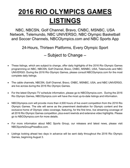 2016 Rio Olympics Games Listings