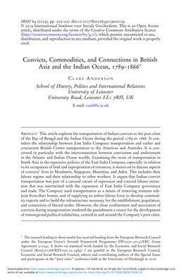 Convicts, Commodities, and Connections in British Asia and the Indian Ocean, –∗