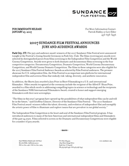 2007 Sundance Film Festival Announces Jury and Audience Awards