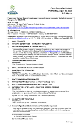 Council Agenda - Revised Wednesday August 26, 2020 @ 6:30 P.M