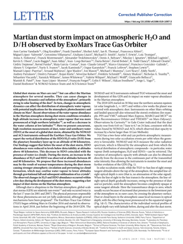 Martian Dust Storm Impact on Atmospheric H2O and D/H Observed by Exomars Trace Gas Orbiter Ann Carine Vandaele1*, Oleg Korablev2, Frank Daerden1, Shohei Aoki1, Ian R