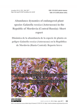 Abundance Dynamics of Endangered Plant Species Galatella Rossica (Asteraceae) in the Republic of Mordovia (Central Russia): Short Report