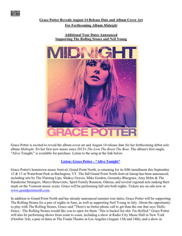Grace Potter Reveals August 14 Release Date and Album Cover Art for Forthcoming Album Midnight Additional Tour Dates Announced S