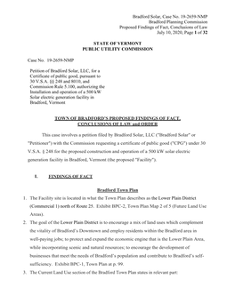 Bradford Solar, Case No. 19-2659-NMP Bradford Planning Commission Proposed Findings of Fact, Conclusions of Law July 10, 2020, Page 1 of 32