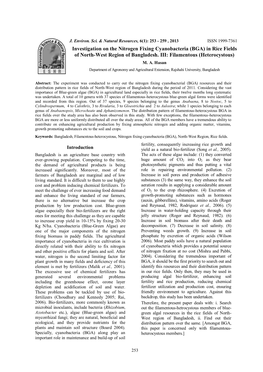 Investigation on the Nitrogen Fixing Cyanobacteria (BGA) in Rice Fields of North-West Region of Bangladesh