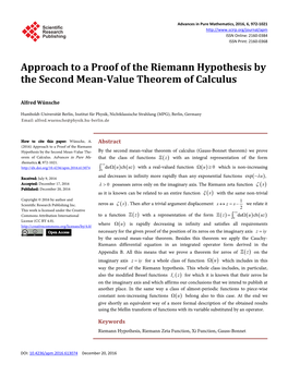 Approach to a Proof of the Riemann Hypothesis by the Second Mean-Value Theorem of Calculus