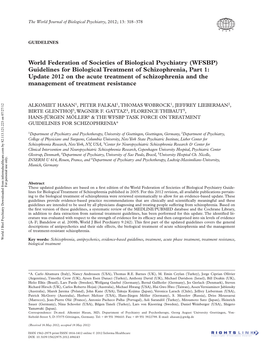 (WFSBP) Guidelines for Biological Treatment of Schizophrenia, Part 1: Update 2012 on the Acute Treatment of Schizophrenia and the Management of Treatment Resistance