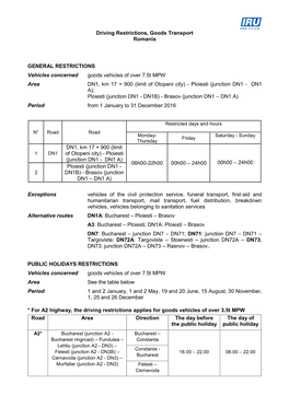 Driving Restrictions, Goods Transport Romania GENERAL