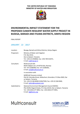 Environmental Impact Statement for the Proposed Climate Resilient Water Supply Project in Busega, Bariadi and Itilima Districts, Simiyu Region