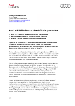 Audi Will DTM-Deutschland-Finale Gewinnen