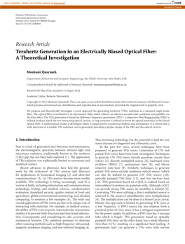 Research Article Terahertz Generation in an Electrically Biased Optical Fiber: a Theoretical Investigation