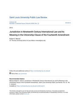 Jurisdiction in Nineteenth Century International Law and Its Meaning in the Citizenship Clause of the Fourteenth Amendment