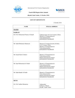 (Riyadh, Saudi Arabia, 2-3 October 2018) LIST of PARTI