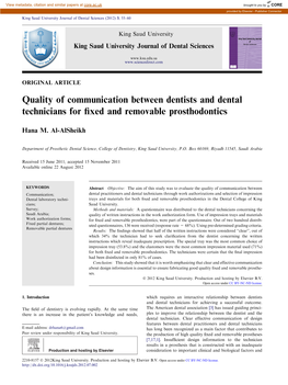 Quality of Communication Between Dentists and Dental Technicians for ﬁxed and Removable Prosthodontics