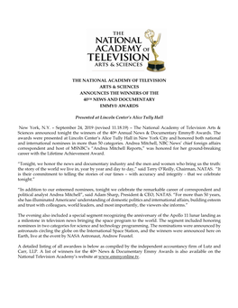 THE NATIONAL ACADEMY of TELEVISION ARTS & SCIENCES ANNOUNCES the WINNERS of the 40TH NEWS and DOCUMENTARY EMMY® AWARDS Pres