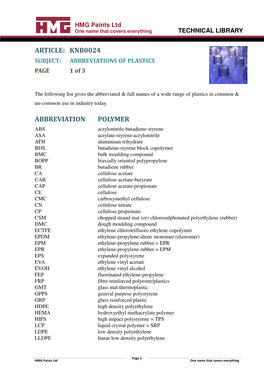 ARTICLE: KNB0024 SUBJECT: ABBREVIATIONS of PLASTICS PAGE 1 of 3