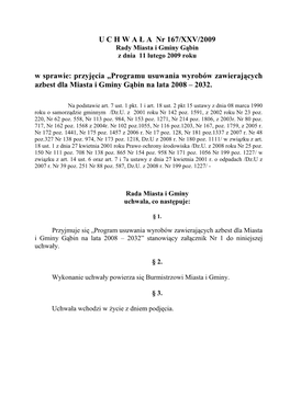 Programu Usuwania Wyrobów Zawierających Azbest Dla Miasta I Gminy Gąbin Na Lata 2008 – 2032