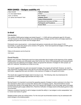 MSN GAMES – Badges Usability #1 Date: 8/16/05 Table of Contents To: Zone Digital Objects In-Brief