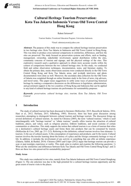 Cultural Heritage Tourism Preservation: Kota Tua Jakarta Indonesia Versus Old Town Central Hong Kong